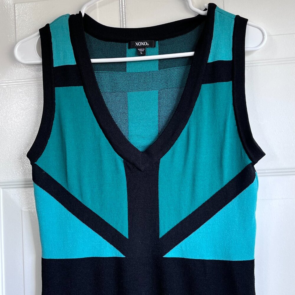 XoXo Teal Green and Black V Neck Bodycon Sleeveless Knit Dress Size Large - Picture 2 of 9